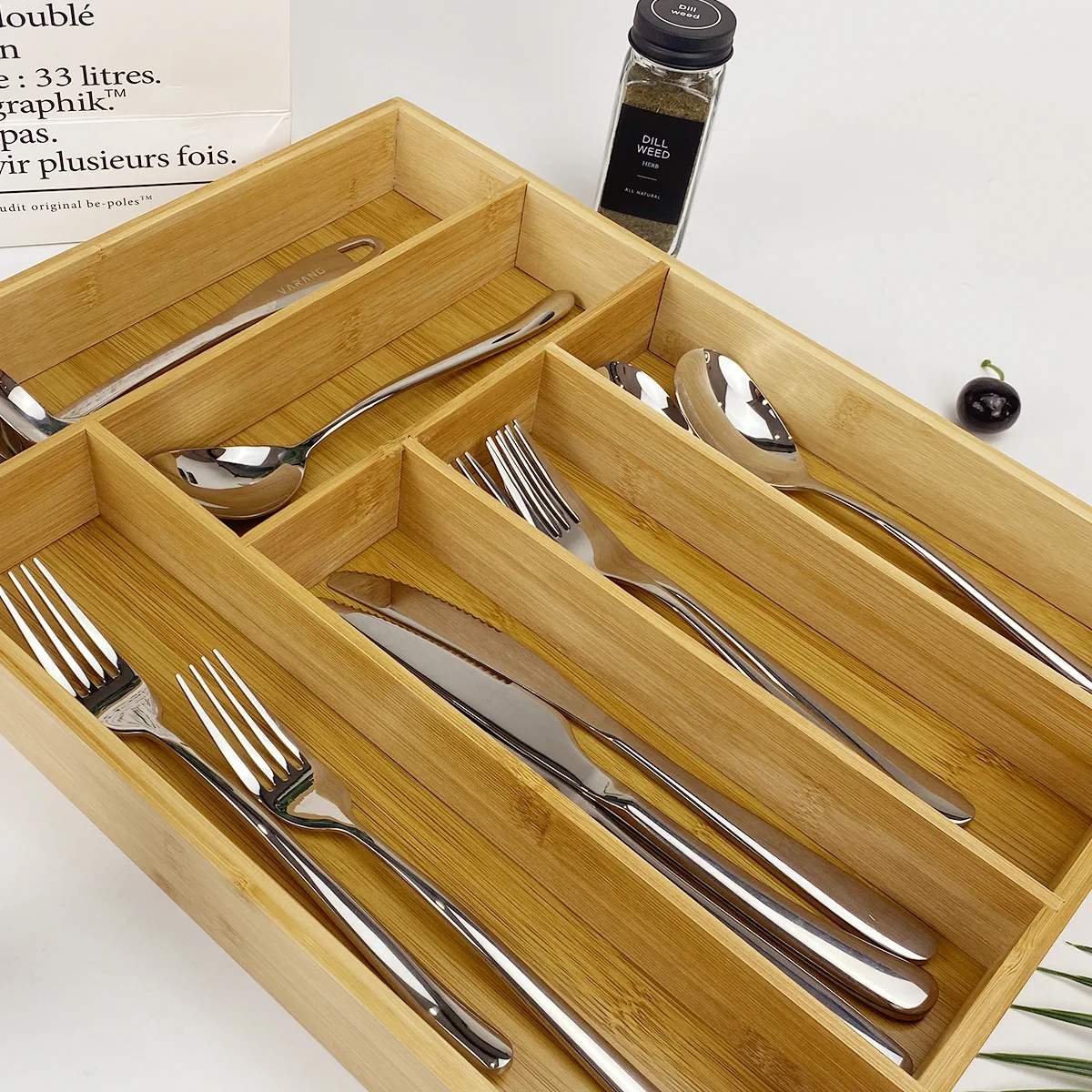 Bamboo Storage Box,Stylish and Simple Six-grid Bamboo Knife Box Sub-format Western Knife Box Kitchen Supplies Storage Box