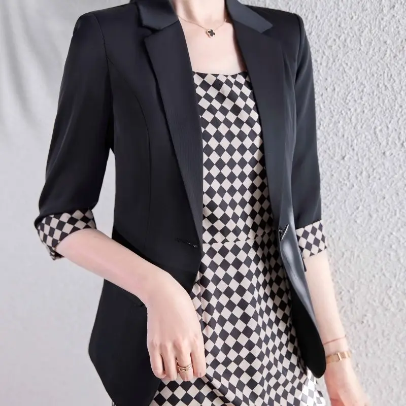 4-A16  Fashion small suit jacket women\'s dress suit plaid contrast color temperaece suit 2023 summer new style skirt