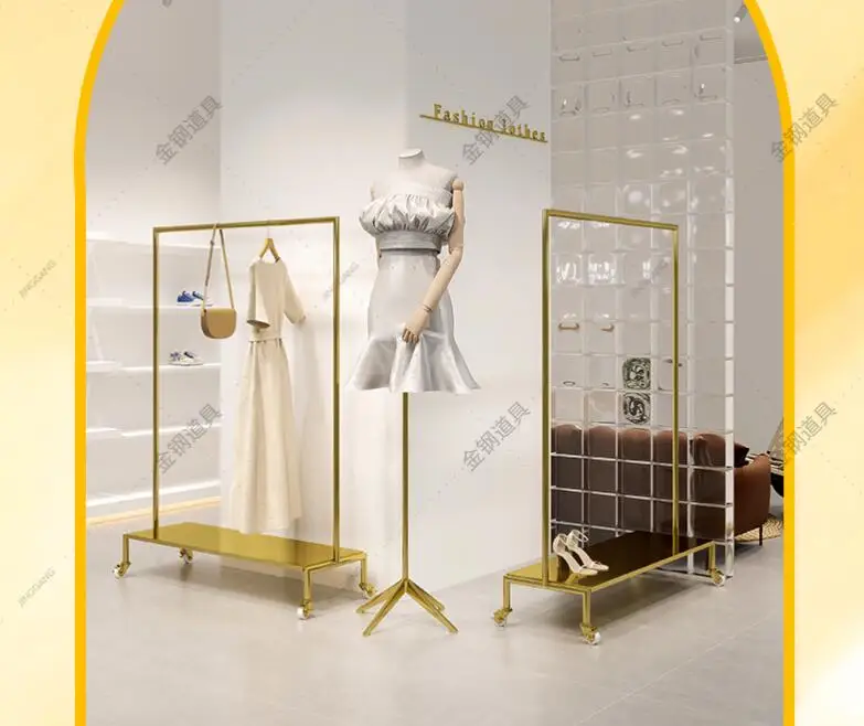 

Clothing store display rack floor stainless steel titanium gold hanging clothes rack women's clothing store Nakajima display