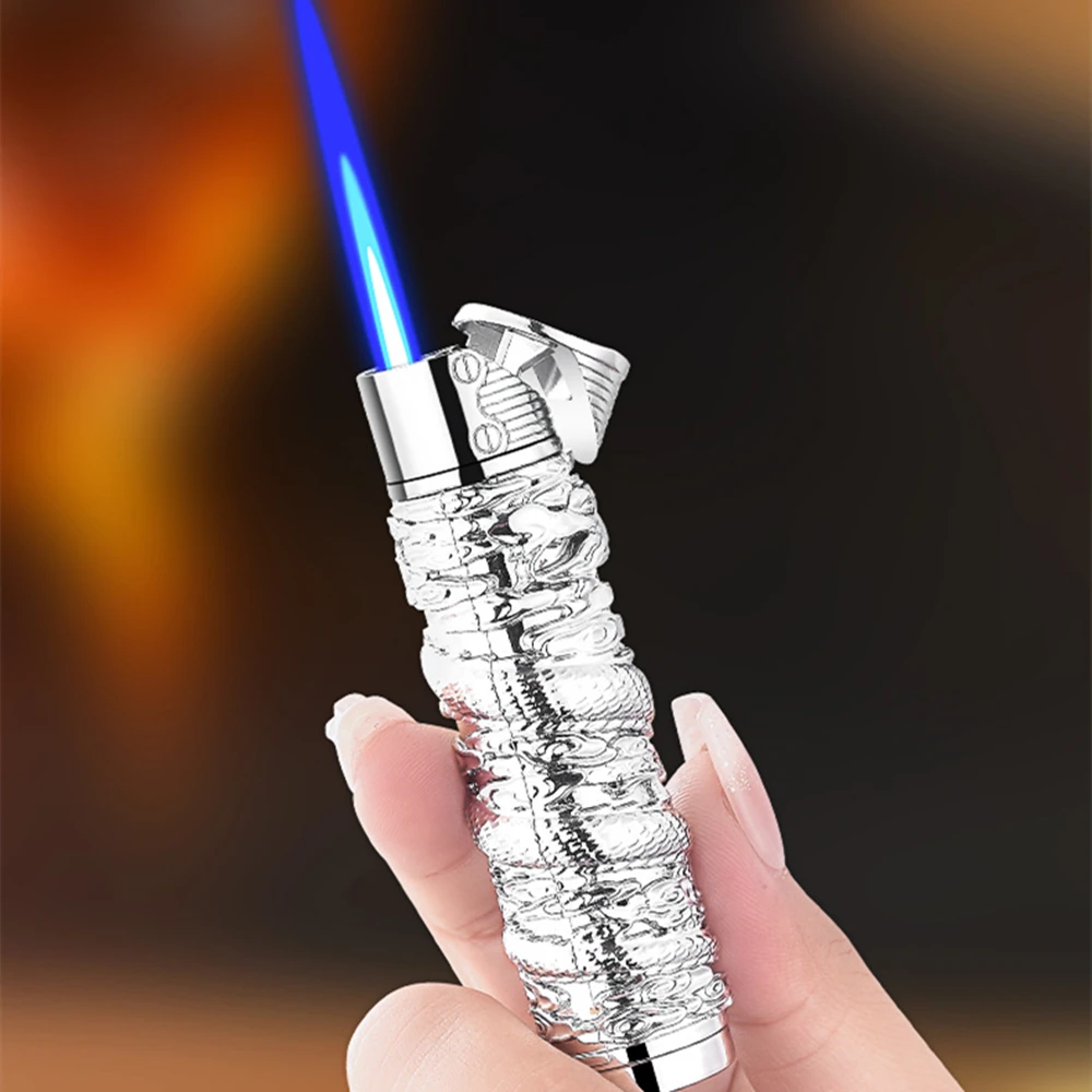 New Metal Windproof Inflatable Lighter Portable Jet Blue Flame Butane Relief Three-dimensional Dragon Lighter Men's Gift