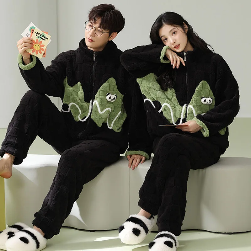 Couples Pajamas Sets Women Men Winter Thicken Pyjamas Sleepwear Cartoon Dinosaur Korean Lovers Homewear Soft Warm Pijama Hoodies