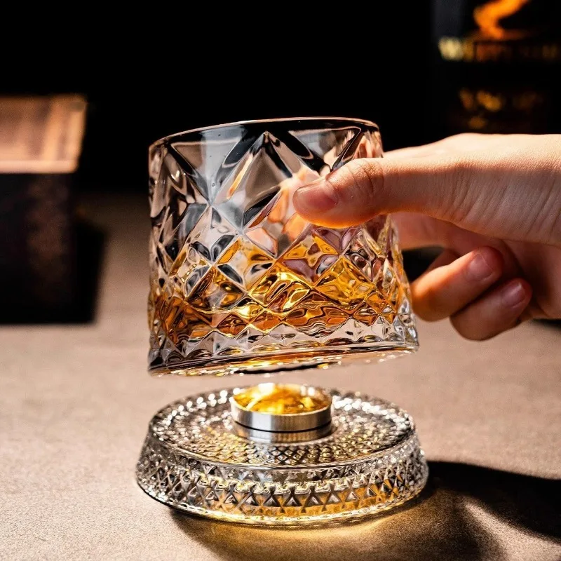 1PCS Rotating Whisky Glasses with Glass Base 360 Rotate Degrees Crystal Rum Glass for Cocktail Whisky Unique Party Gift for Men