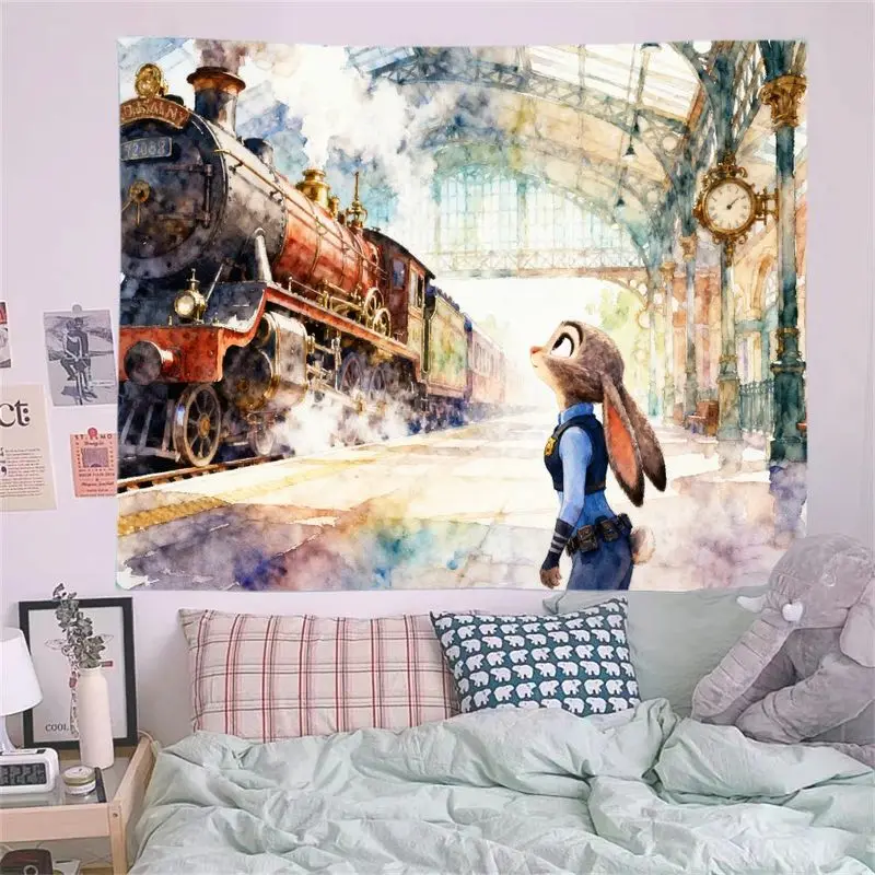 قطعة واحدة من نسيج Zootopia Judy Hopps، محطة قطار البخار العتيقة، لوحة فنية جدارية بألوان مائية، هدية ديكور غرفة بوليستر جمالية. #6