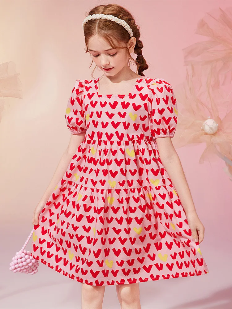 

2024 Summer New Arrival Girls Cotton Short Sleeve Print Heart Pink Designer Cute Party Princess Dress Custume 18M-6T