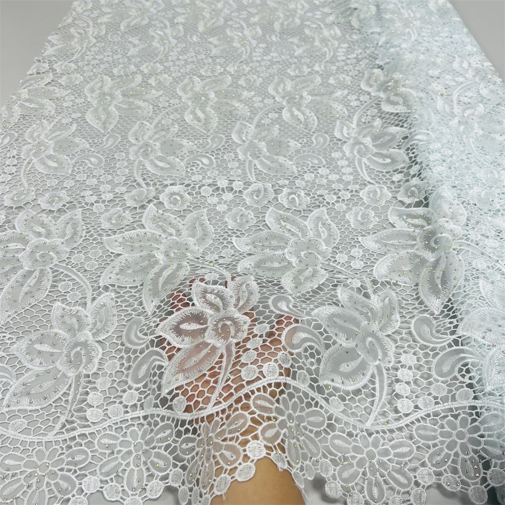 Organza Lace Fabric Cord Embroidery White French Lace With Stones Soft Dry Lace Women Dress Fabrics 5 Yards