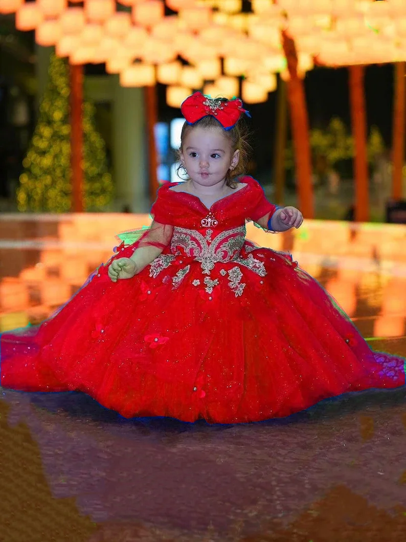 Red Flower Girl Dress Transparent Sleeve Bow For Girl Outfit Baptism Banquets Weddings Festivals Activity Communion