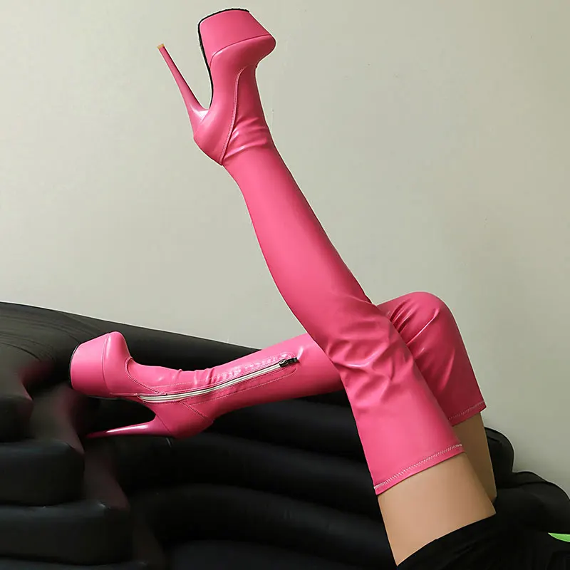 Sgesvier Glossy Pu Leather High Platform Super High Thin Heel Over The Knee Boots Matte PU Zipper Warm Inside Long Boots
