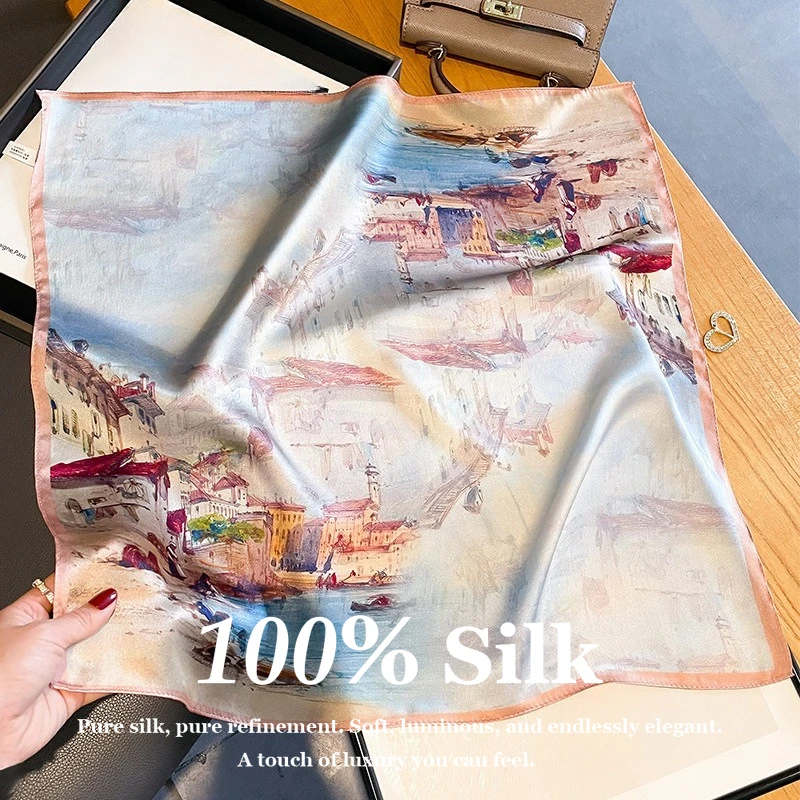 

Fashion 100% Real Silk Scarves Women Oil Painting Shawl Wrap Female Bandana Foulard Hijab Beach Cover Up Scarf Hairband Foulard