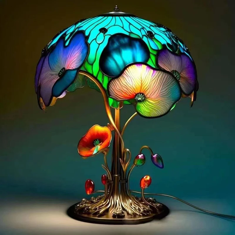 Retro Stained Glass Plant Series Table Lamps Colorful Flower Mushroom Creative Table Night Lamp Bedroom Bedside Atmosphere Light