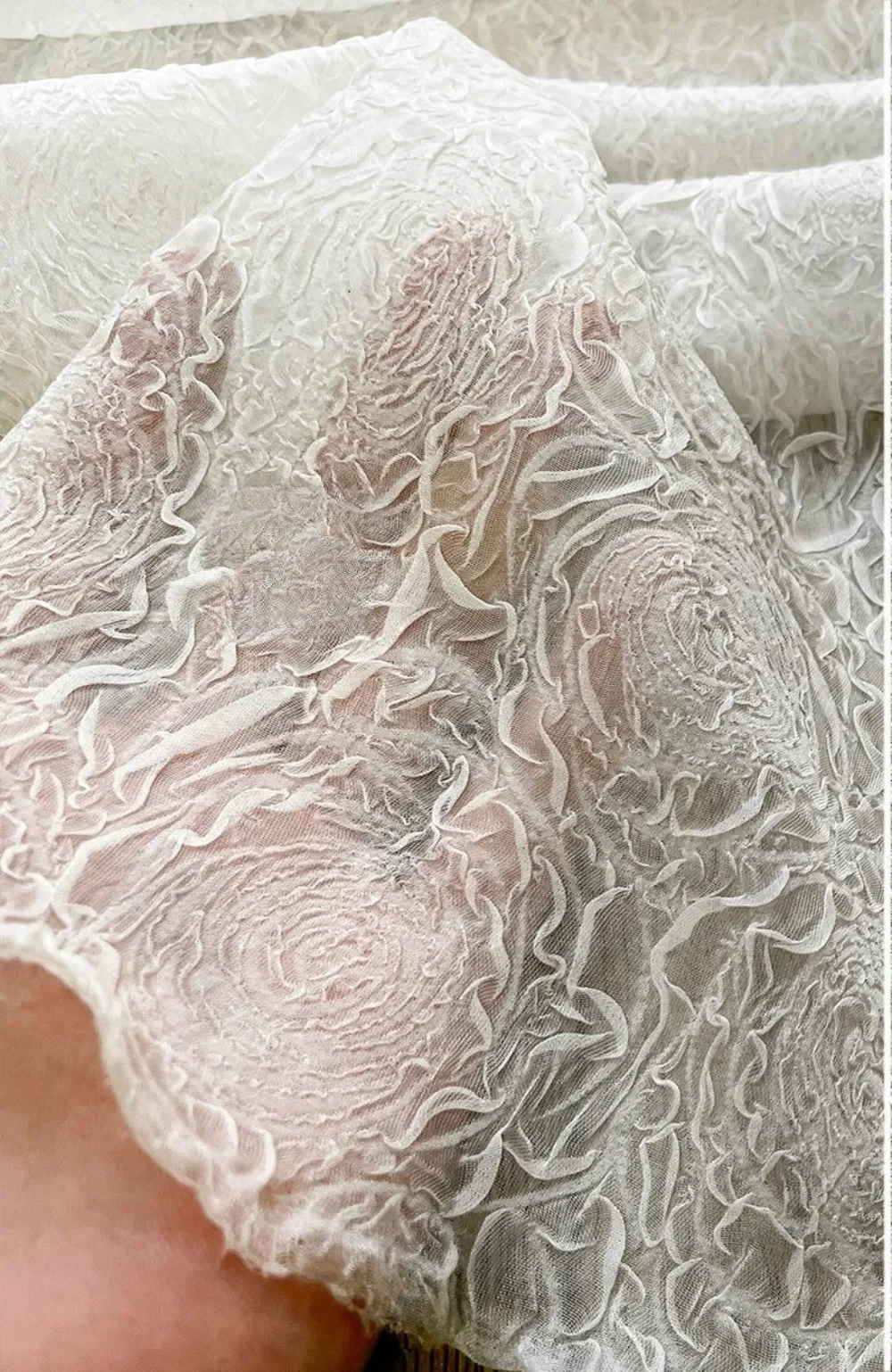 White 3D Rose Embossed Crepe Chiffon Lace Mesh Fabric for Wedding Dress Formal Gown Sheer Textured Net Tulle Material