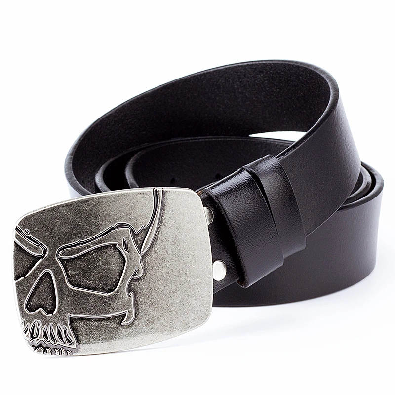 Fashion Men Belt Cowskin Silver Skull Buckle Death's Head Heavy Metal Rock Style Accessories