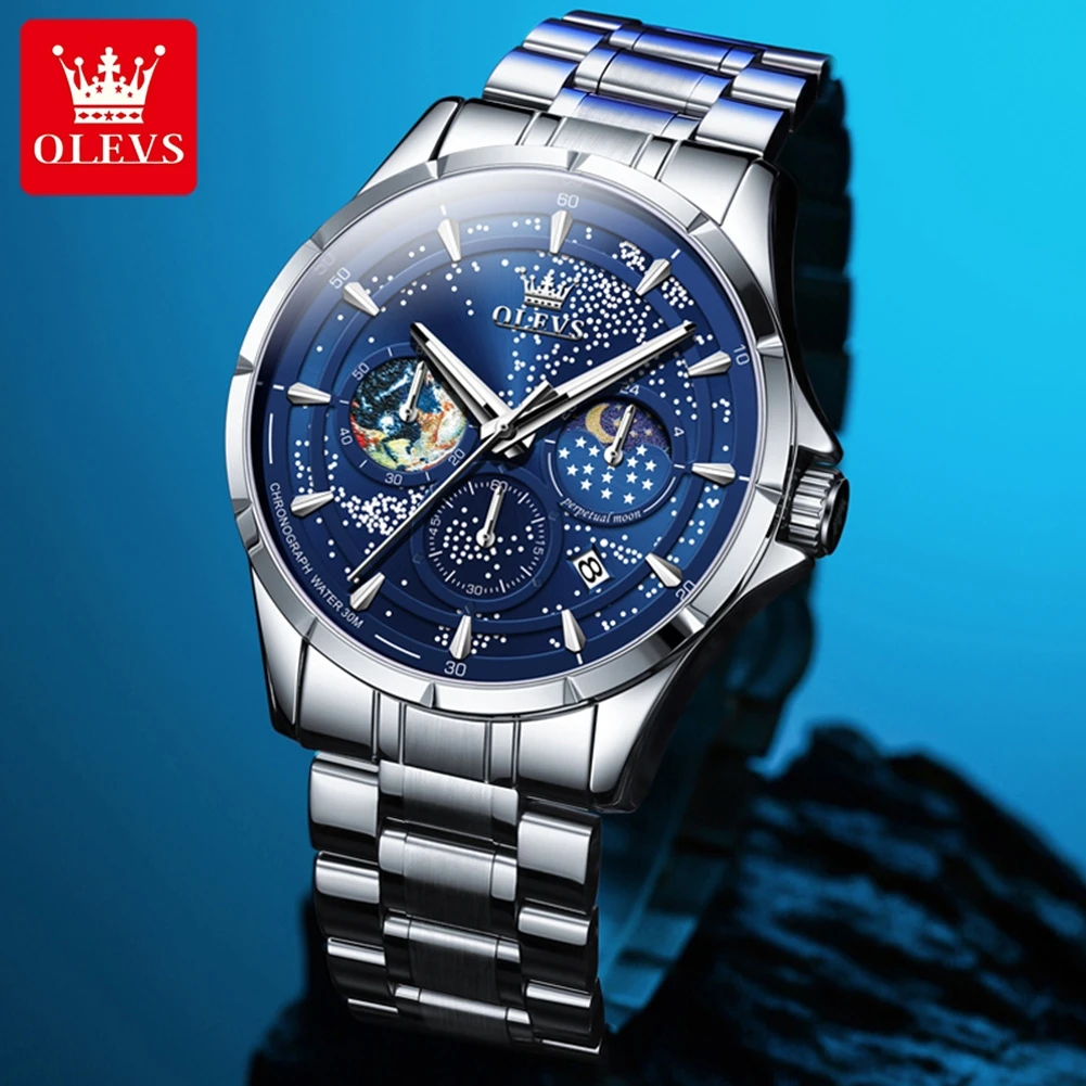 OLEVS Fashion Blue Quartz Watch for Men Luxury Stainless Steel Waterproof Luminous Moon Phase  24 Hour Chronograph Mens Watches