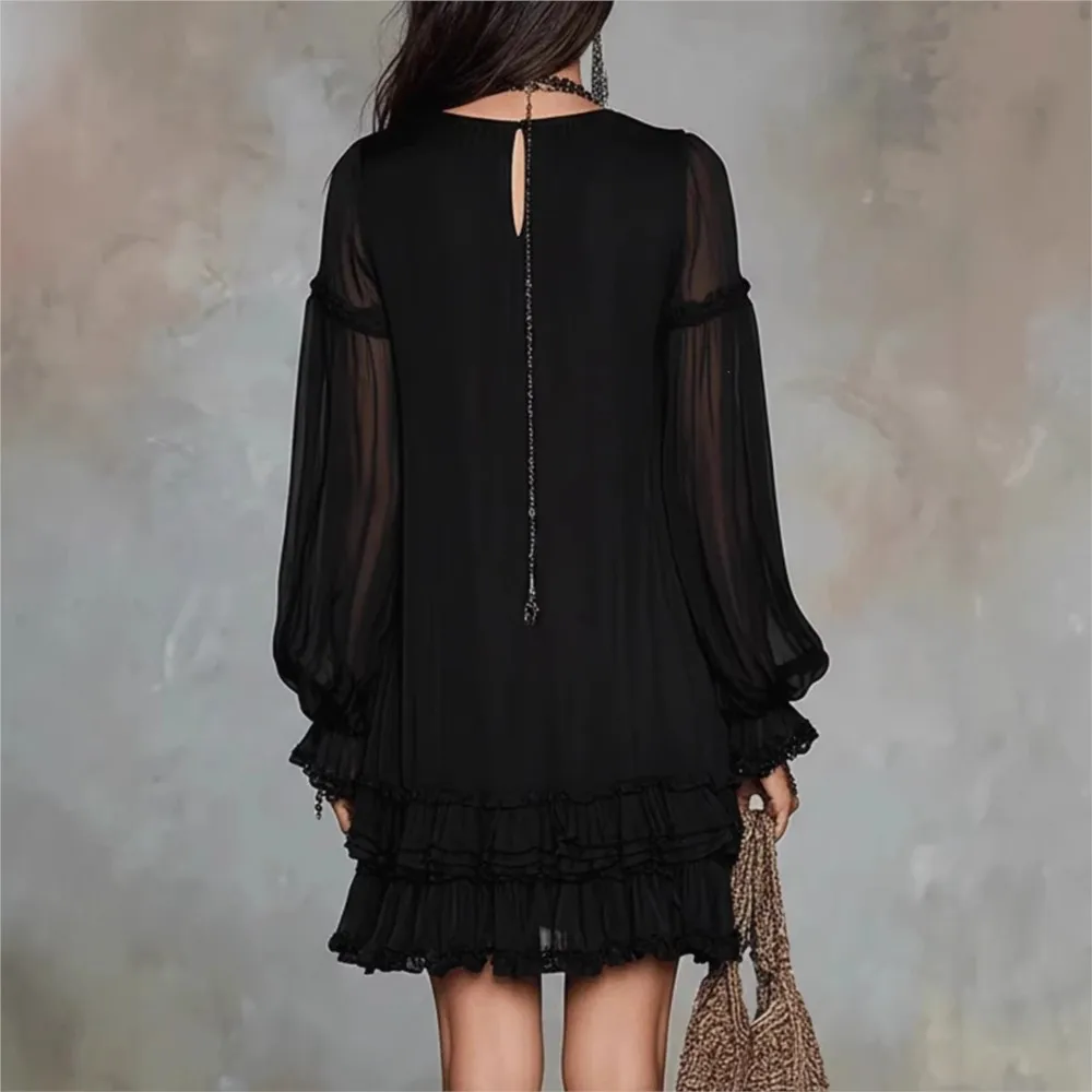 Women's Black Casual Loose Ruffle Hem Mini Dress Spring Autumn V Neck Mesh Sheer Long Sleeve Bohemia Vacation Flowy Dresses