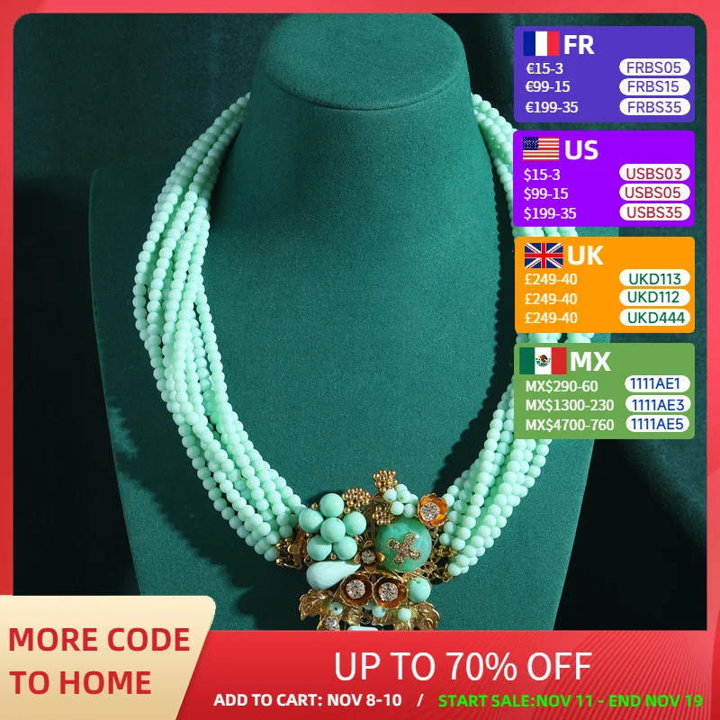 

Retro Style Beaded Layered Necklaces Vintage Glass Green Crystal Natural Stone Flower Designer Women Antique Jewelry Luxury New
