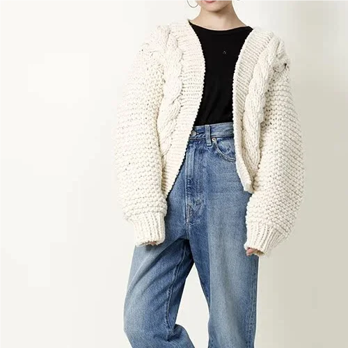 New light gray fashionable women\'s hand woven pure wool cardigan jacket multifunctional sweater knitted sweater thickened tops