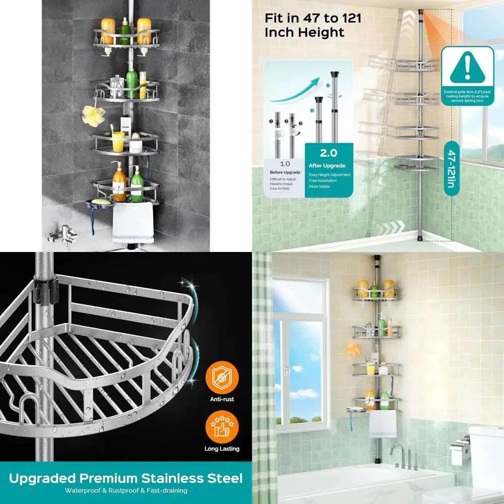 

Регулируемая 4-ярусная душевая кабина с натяжным полюсом — нержавеющий органайзер для ванной комнаты для хранения шампуня и мыла, 47-121 дюймов, Si