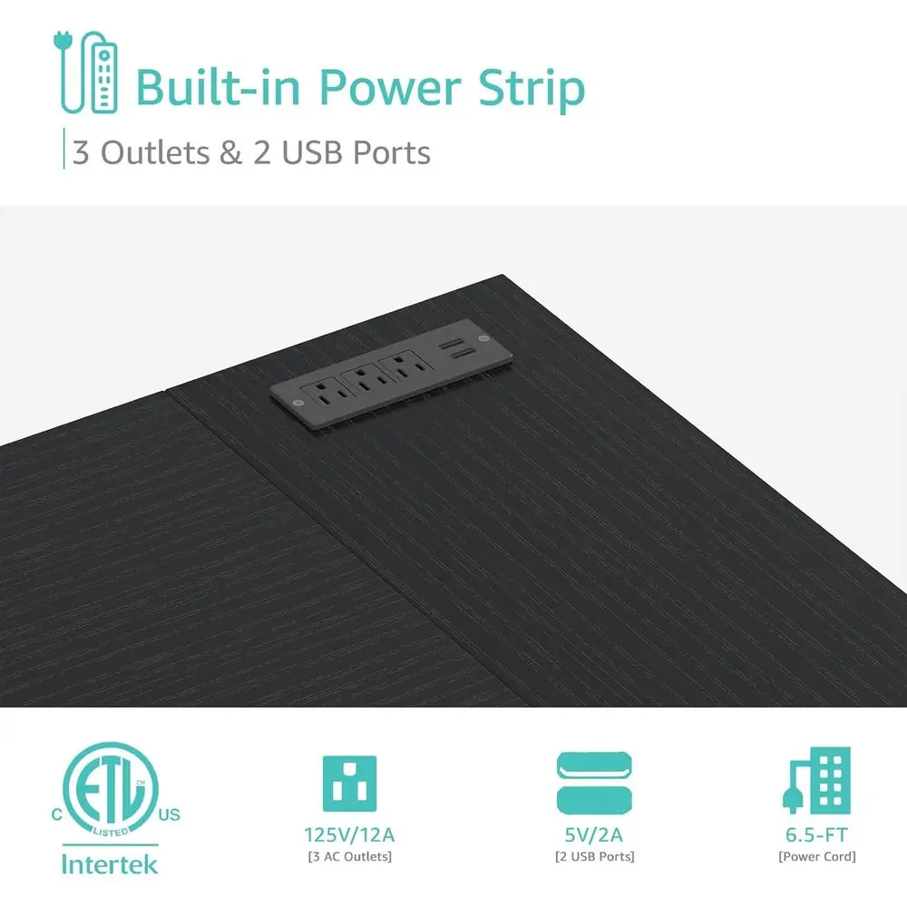 مكتب كمبيوتر 47 على شكل حرف L مع أدراج وتخزين، مخرج طاقة، أسود للمكتب المنزلي والألعاب #6