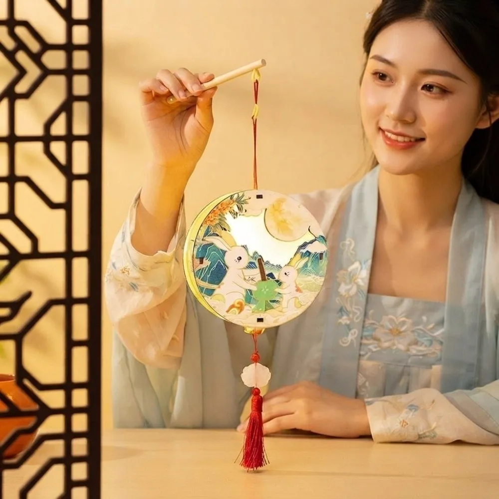 Shadow Box Style Moon Goddess Lantern Translucent Multi-Layered Paper Paper Cut Shadow Lamp Knot Hanging Rope Circular Wood