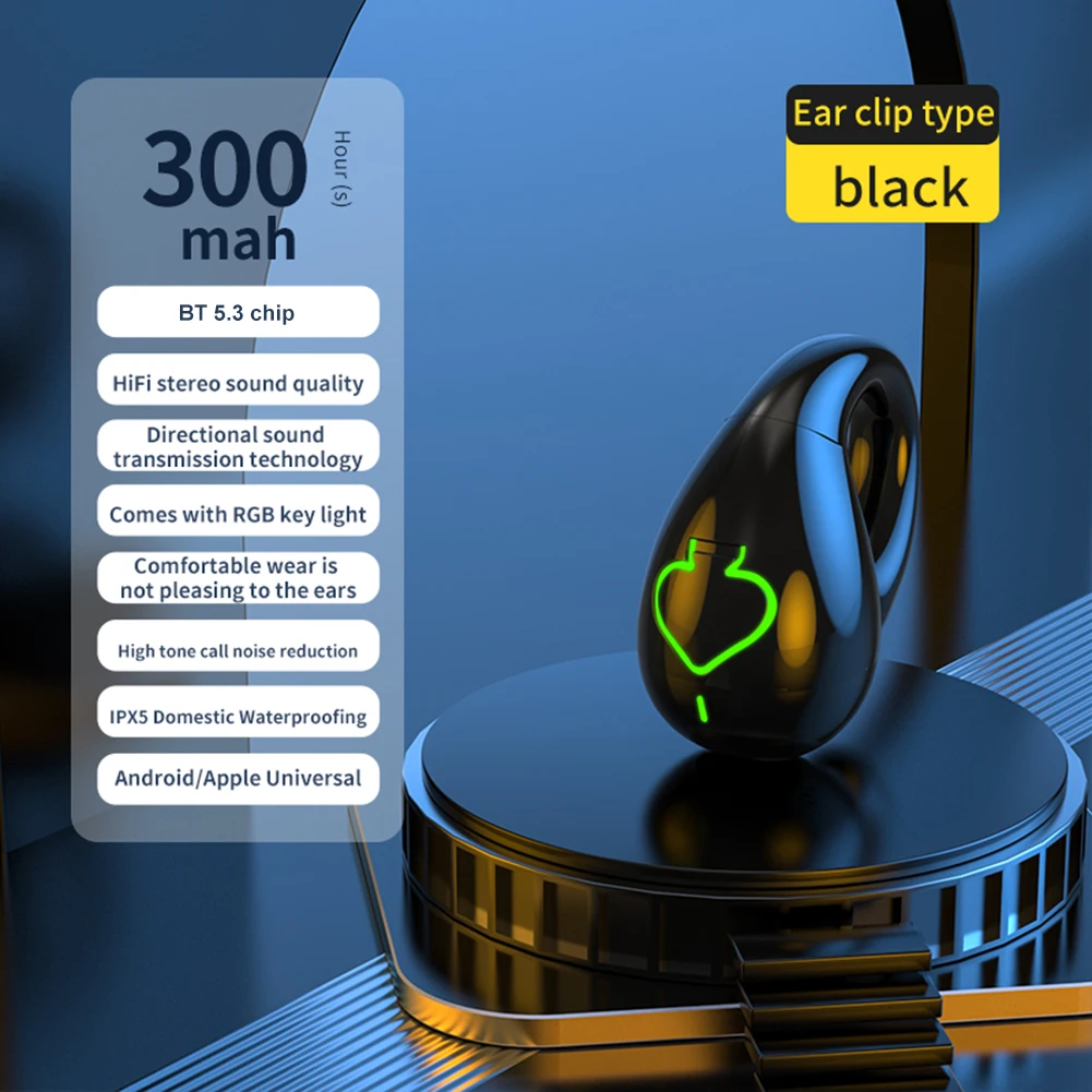 Earphone Nirkabel Kompatibel dengan Bluetooth IPX5 Earphone Konduksi Tulang Klip Telinga Tunggal Tahan Air BT 5.3 Headset Gamer Olahraga