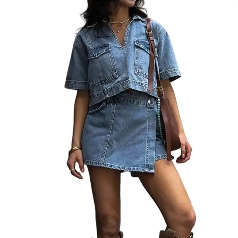 

Женский джинсовый комплект CYL: топ с V-образным вырезом и коротким рукавом, асимметричная юбка-шорты с высокой талией