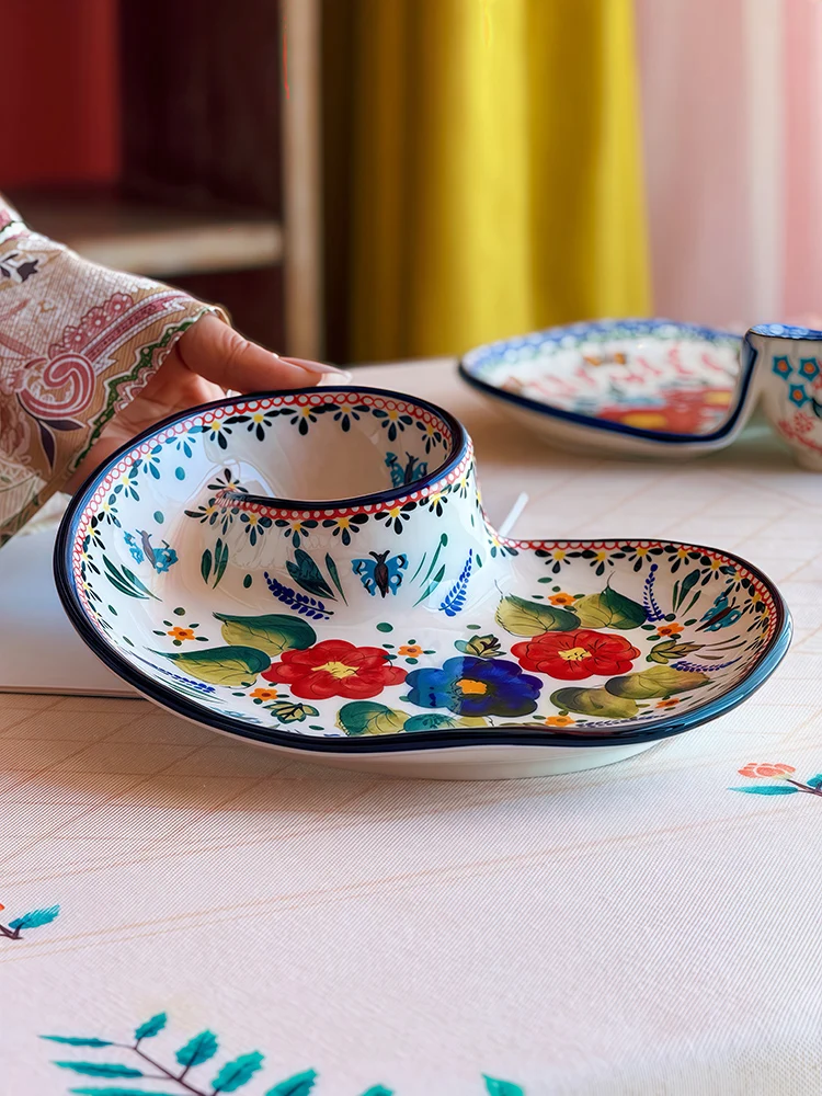 

Dumpling plate household 2025 new hand-painted high-value vinegar plate dipping plate, especially beautiful grid plate
