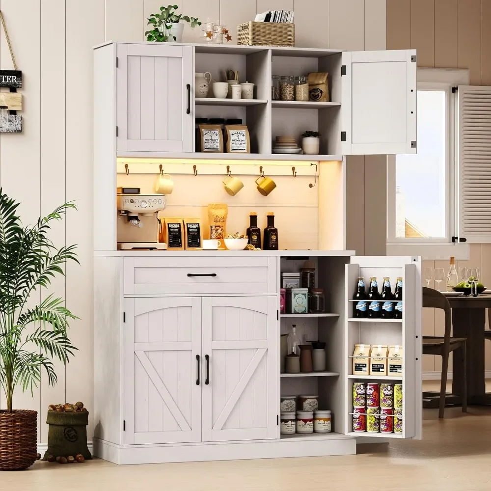 Kitchen Storage Cabinet with LED Lighting and Outlet, Pantry Hutch featuring Microwave Shelf and Six Hooks