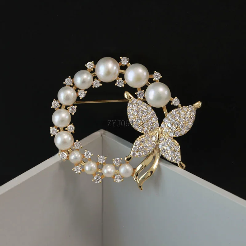 Perle d'eau douce papillon anneau broche haut de gamme femmes or doux polyvalent mode Corsage vêtements accessoires costume broche