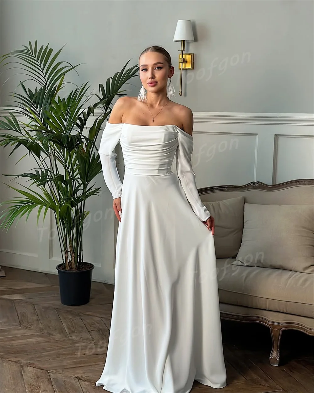 Toofgon Off Shoulder Silk Satin A Line Wedding Dresses Long Sleeves Pleats Beach Bride Gown Backless Long Party Gowns Customized