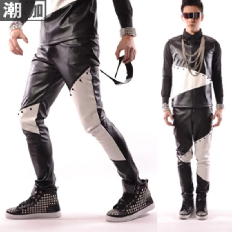 Spring New Plus Size Fashion Men Streetwear Pants Black White PU Patchwork Rivet Trousers Casual Leather Vest Male Clothing