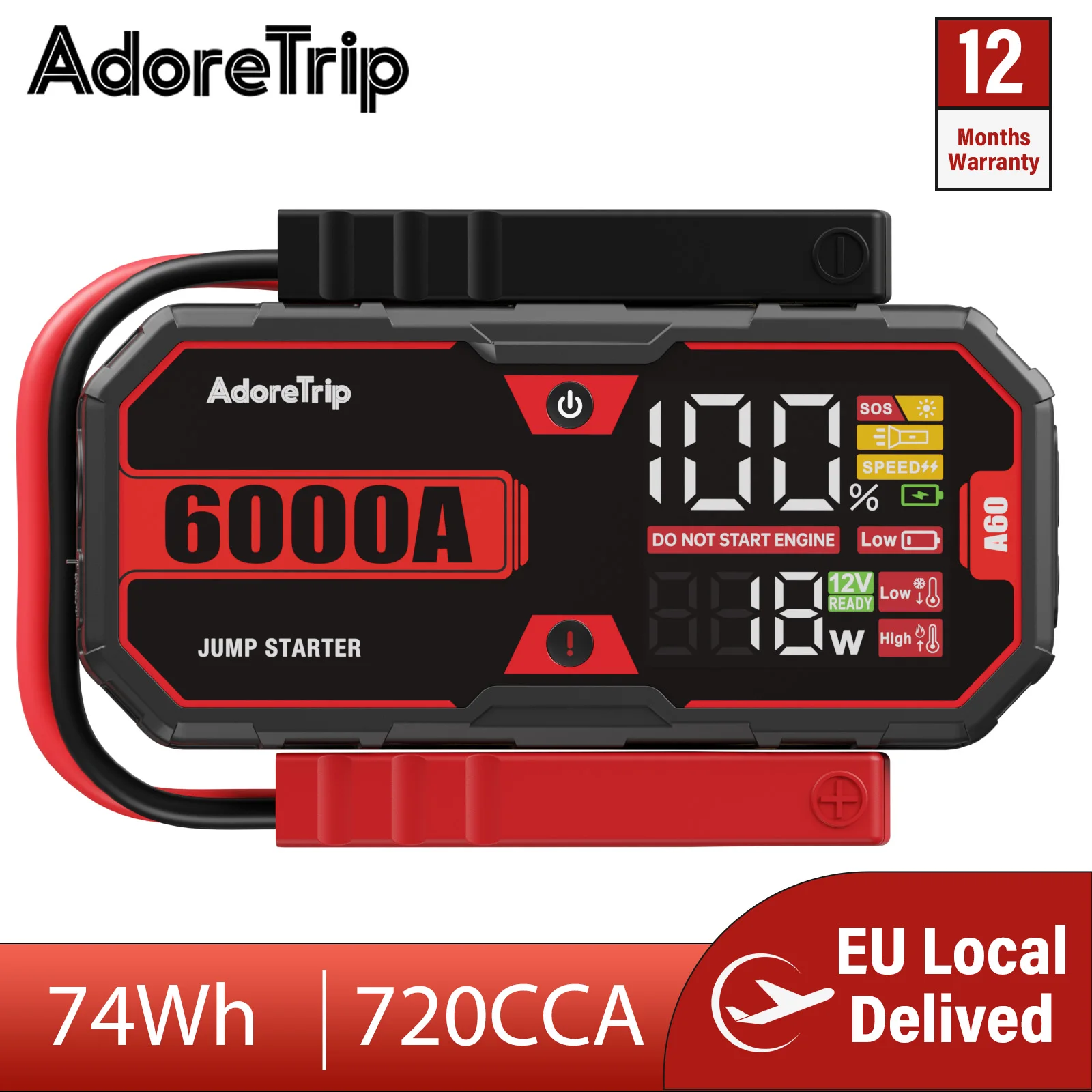 AdoreTrip 20000mAh Car 6000A Portable 12V Jump Starter Power Bank 12V Auto Battery Emergen