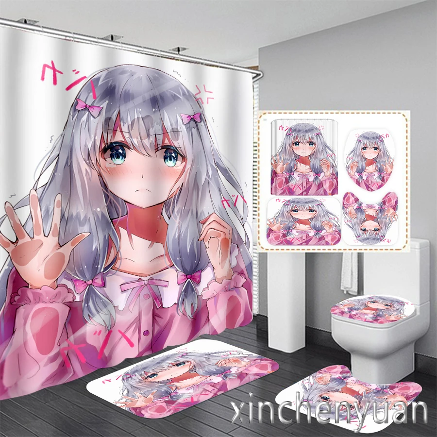 Phechion Tirai Mandi Izumi Sagiri Gambar 3D Baru Tirai Kamar Mandi Tahan Air Set Keset Kamar Mandi Antiselip Karpet Toilet VR184