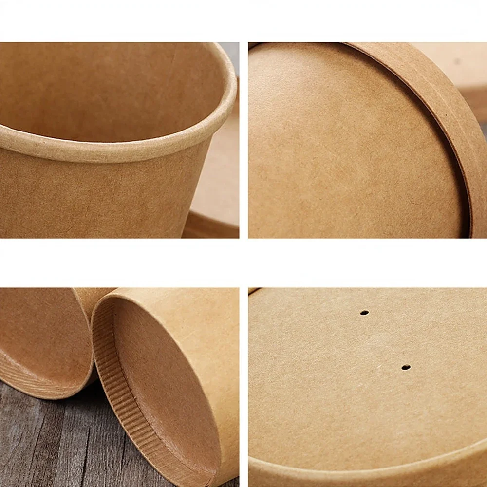 Cheapest Disposable Kraft Paper Bowl 500ml Round Salad Dessert Food Snack Ice Cream Takeaway Packaging Cup with Lids 10pcs/lot