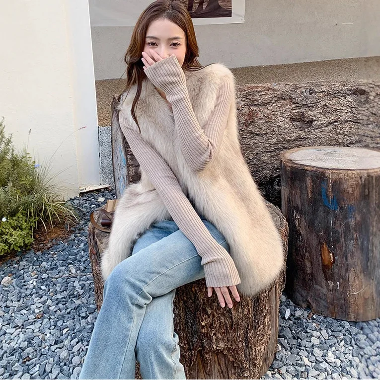 

Thiened Medium Length Women's Vest Fake Fur Faionable Padded Vest Chinese Brandl Premium Quali Fur Vest