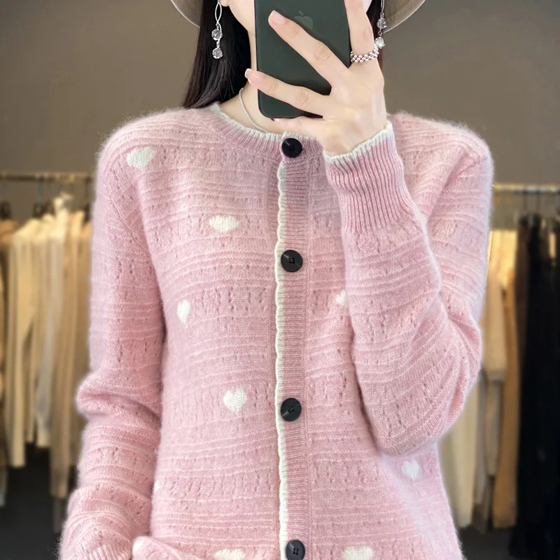 Hot selling new cardigan women\'s 100 Australian wool sweater fashionable knitted jacket cardigan women\'s O-neck wool sweater