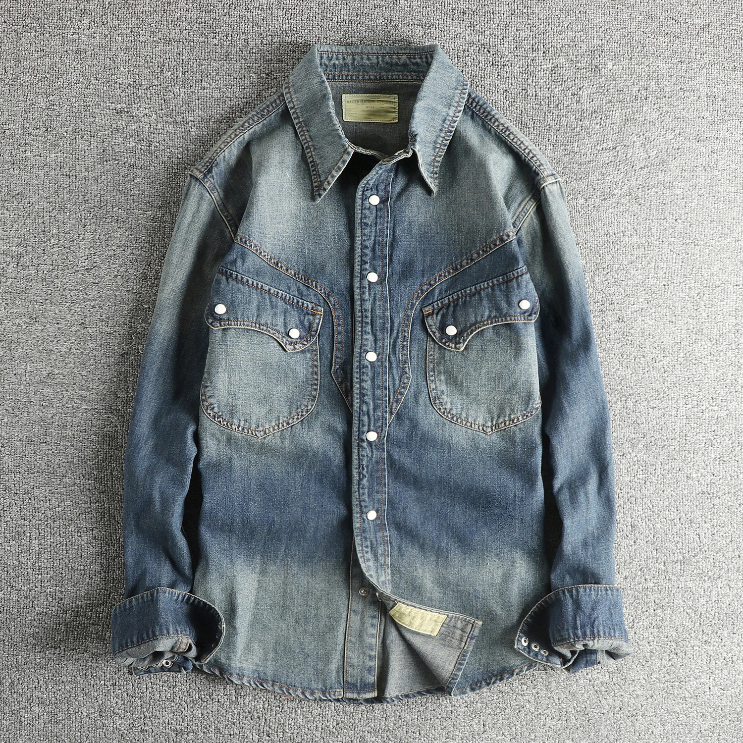 

Replica American Western Retro Style Men's Denim Shirt with Pearl Button Design Trendy New Shirt Jacket 100% Cotton Long Sleeve
