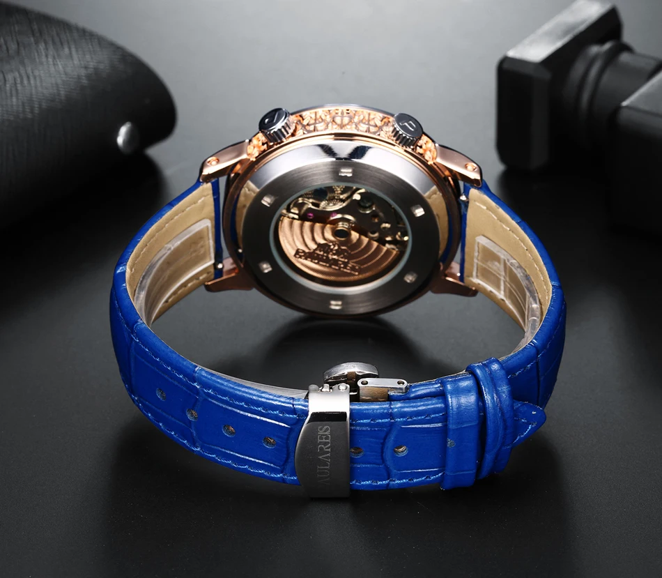 Men Automatic Self Wind Mechanical Rose Gold Black Blue Green Leather Strap Luxury Carved Rotating Starry Sky Luminous Watch