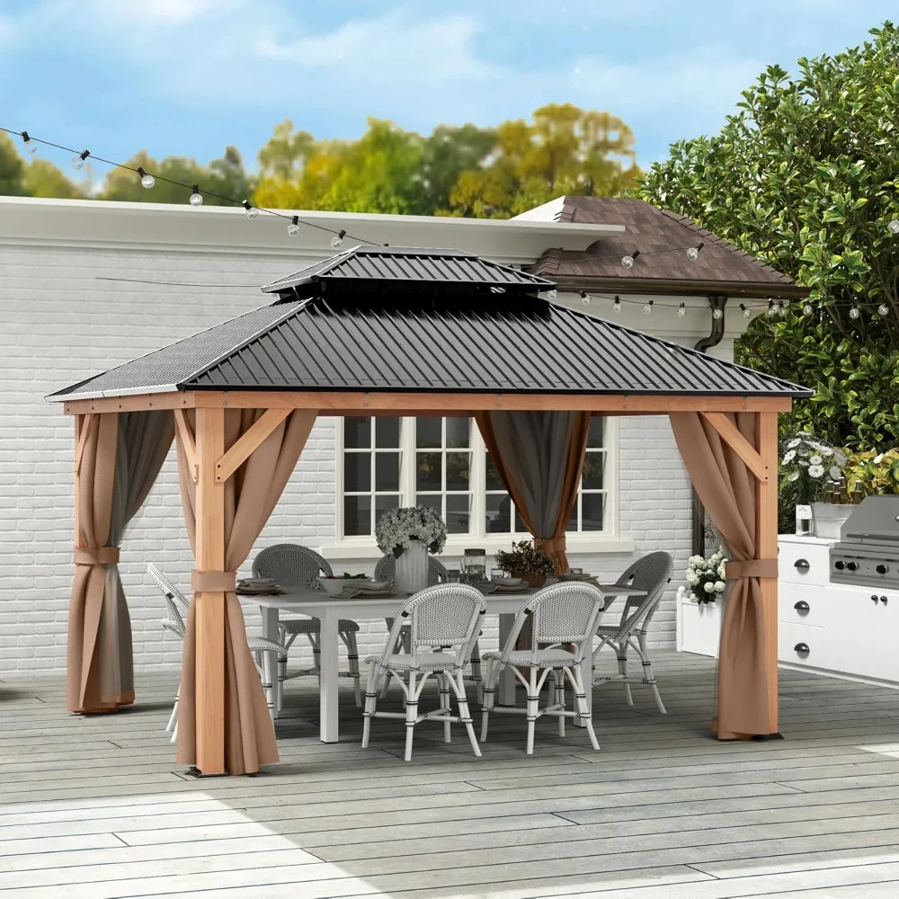 11x13 Wood Gazebo, Outdoor Hardtop Gazebo with Netting and Curtains, Double Galvanized Steel Roof, Deck Hard Top Gazebo