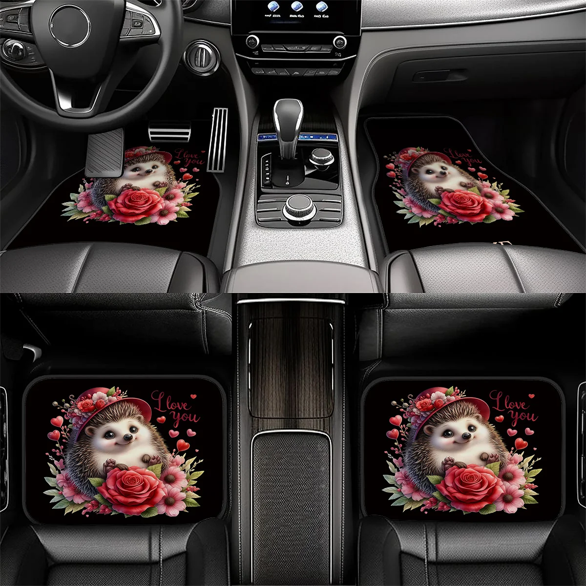 4pcs Customizable Name Car Mats Featuring A Cute Hedgehog Rose Design - The Perfect Gift For Men/Women - Easy To Clean Car Inter