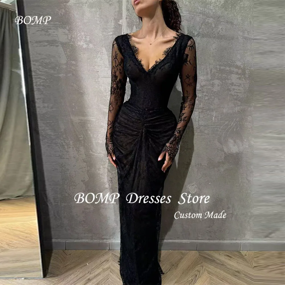 BOMP Black Formal Evening Dresses V Neck Long Sleeves Pleats Lace Bodycon Maxi Formal Party Dress Prom Gowns Women Customized