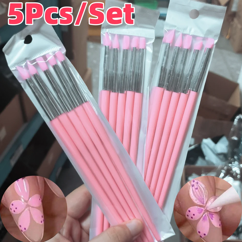 5 Teile/satz Rosa Silikon Nagel Pinsel Carving Prägen Hohl Gel Gestaltung UV Gel Polnischen Stifte DIY Maniküre Tipps Design Skulptur werkzeuge