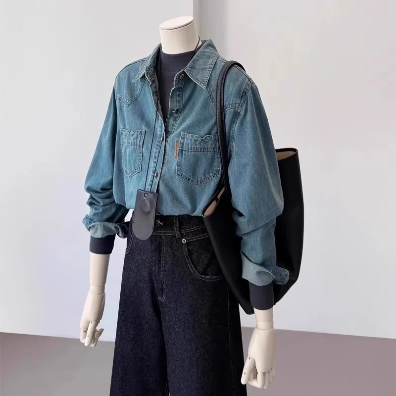 

Retro Loose Solid Denim irt Women's Fashion Hong Kong Style Spring Autumn Outerwear Casual Long Sleeve Collar Button up Top