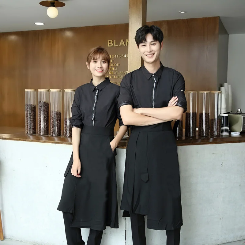 

Casual Music Restaurant Waiter Autumn and Winter Long-Sleeve Working Clothes Men's and Women's Black Shirt Lettering French West