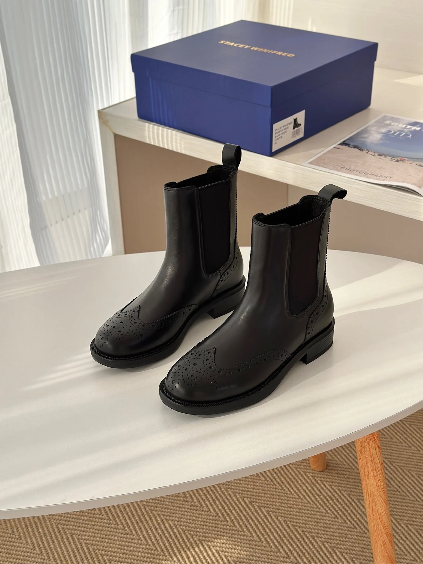 Picture 3: Women Brogue Chelsea Boots Black Genuine Leather Ankle Boots Elastic Side Panels