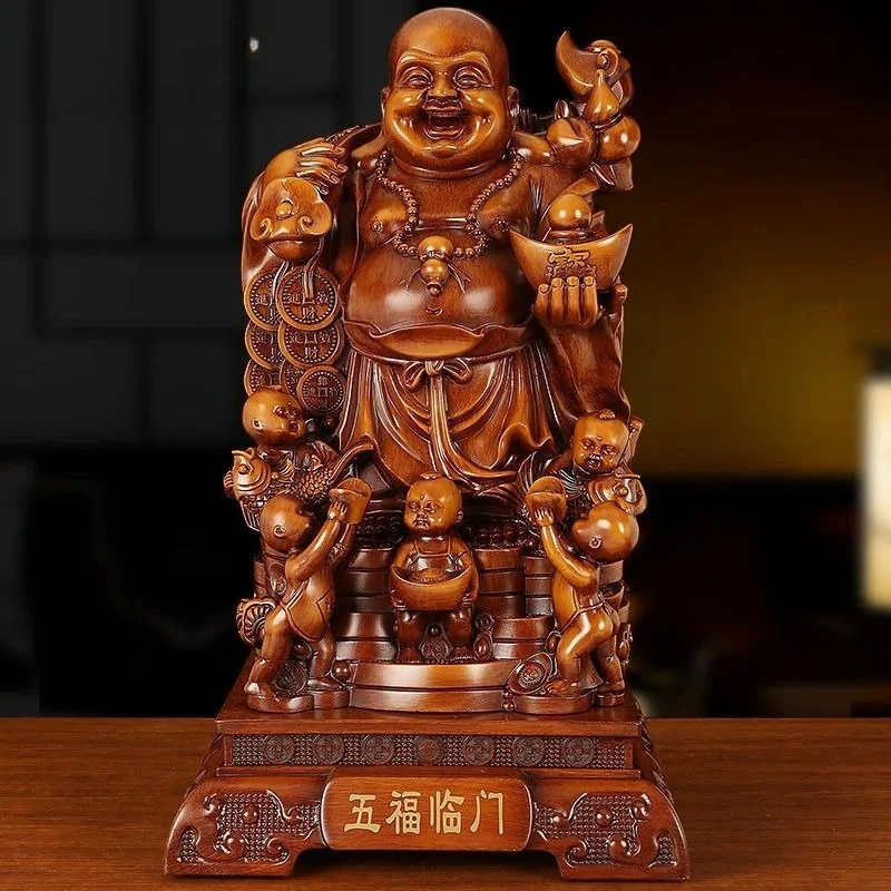 5 Blessings Maitreya Buddha Statue With 5 Kids Golden Sand Wood Grain Laughing Buddha Sculpture Ingot Coin Ruyi Decor Ornament
