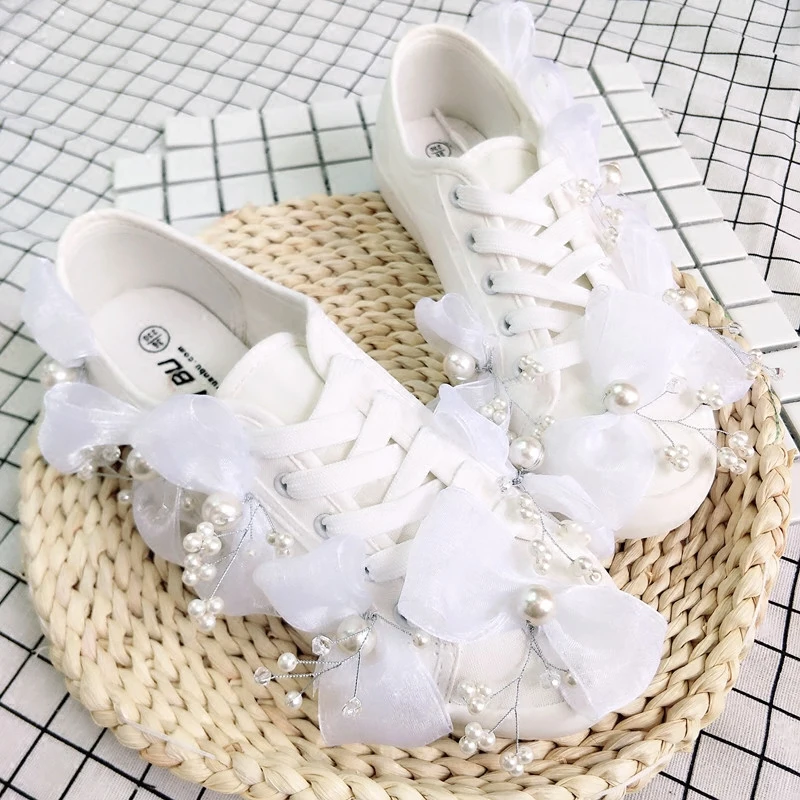 Women\'s Vulcanize Shoes New Casual Classic White Canvas Women Wedding Party White Lace Sneakers Pearl Fashion