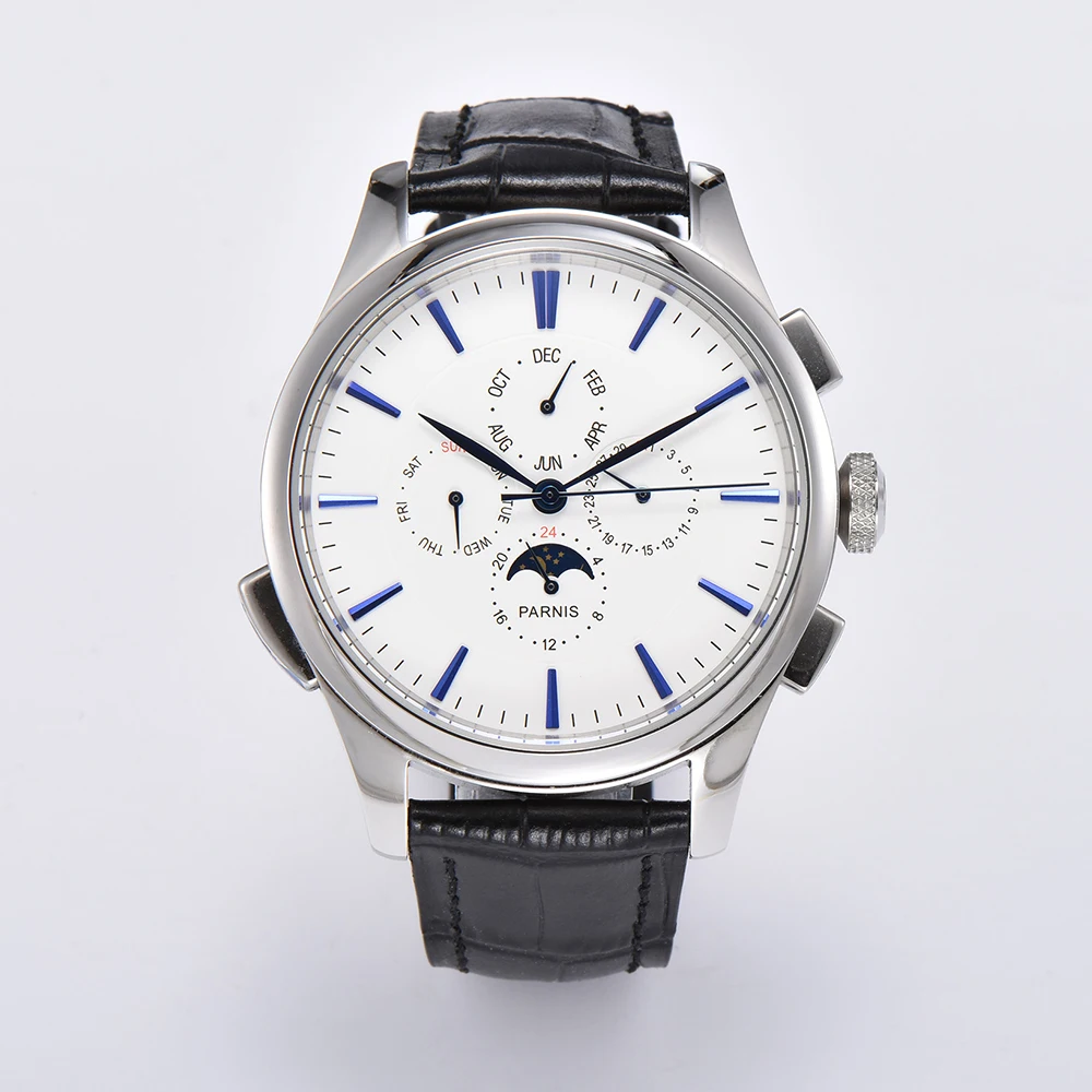 Parnis 45 mm witte wijzerplaat blauwe markeringen herenhorloge automatische mechanische kalender lederen bandhorloges