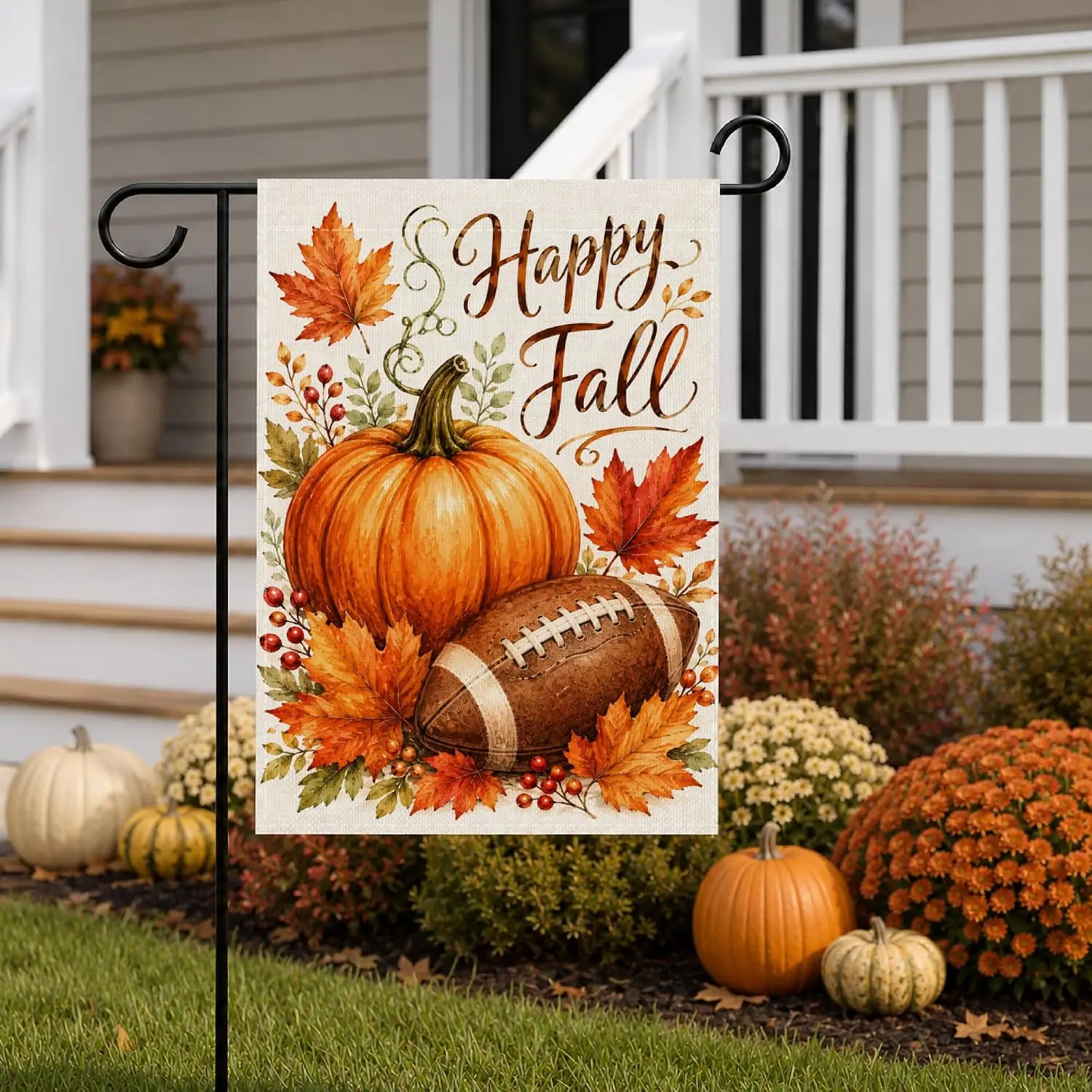 Happy Fall Football Garden Flag 12x18 Inch Double Sided Autumn Yard Flag, Pumpkin Helmet Outdoor Decoration with Maple Leave kkz
