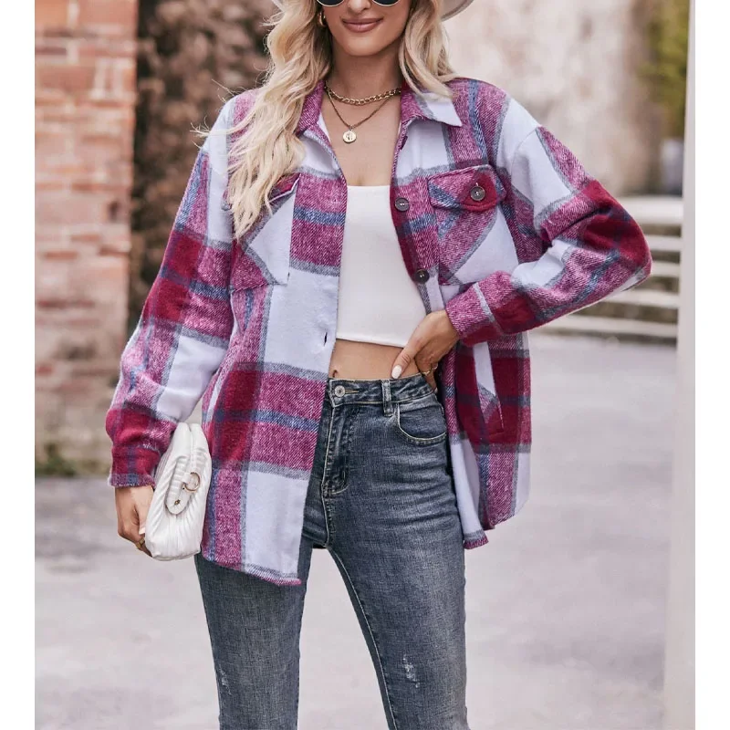 2023 New Autumn Fashion Casual Lapel Button Plaid Jacket Temperament Commuting Comfortable Loose Fitting Women\'s Pocket Shirt