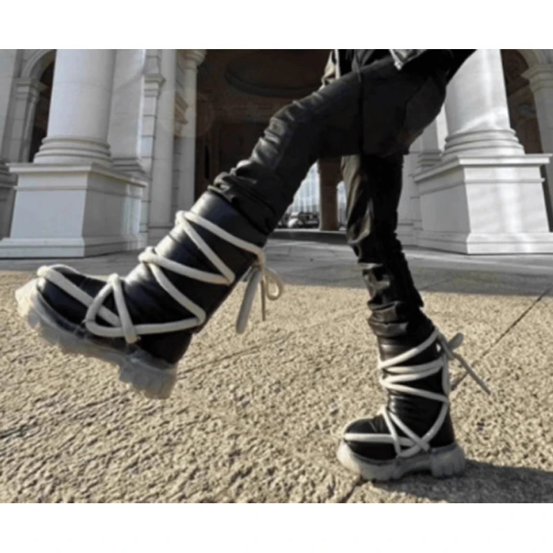 

Round Toe Lace-Up Platform Transparent Soles Snow Boots Woman Winter 2026 Lamb Wool Slip-On Rope-Wrapped Mid-Calf Boots