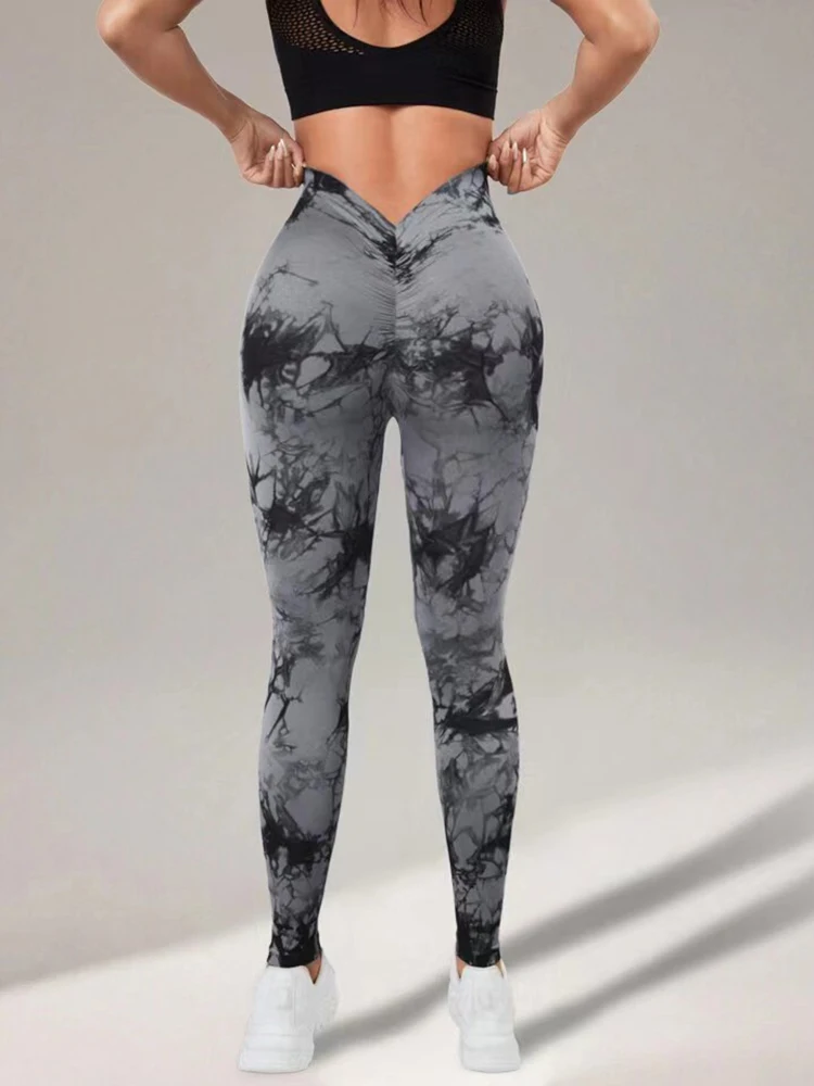 Tie-dye yogabroek met V-taille, heupliftende fitnessbroek met hoge taille, trainingssportbroek, dames